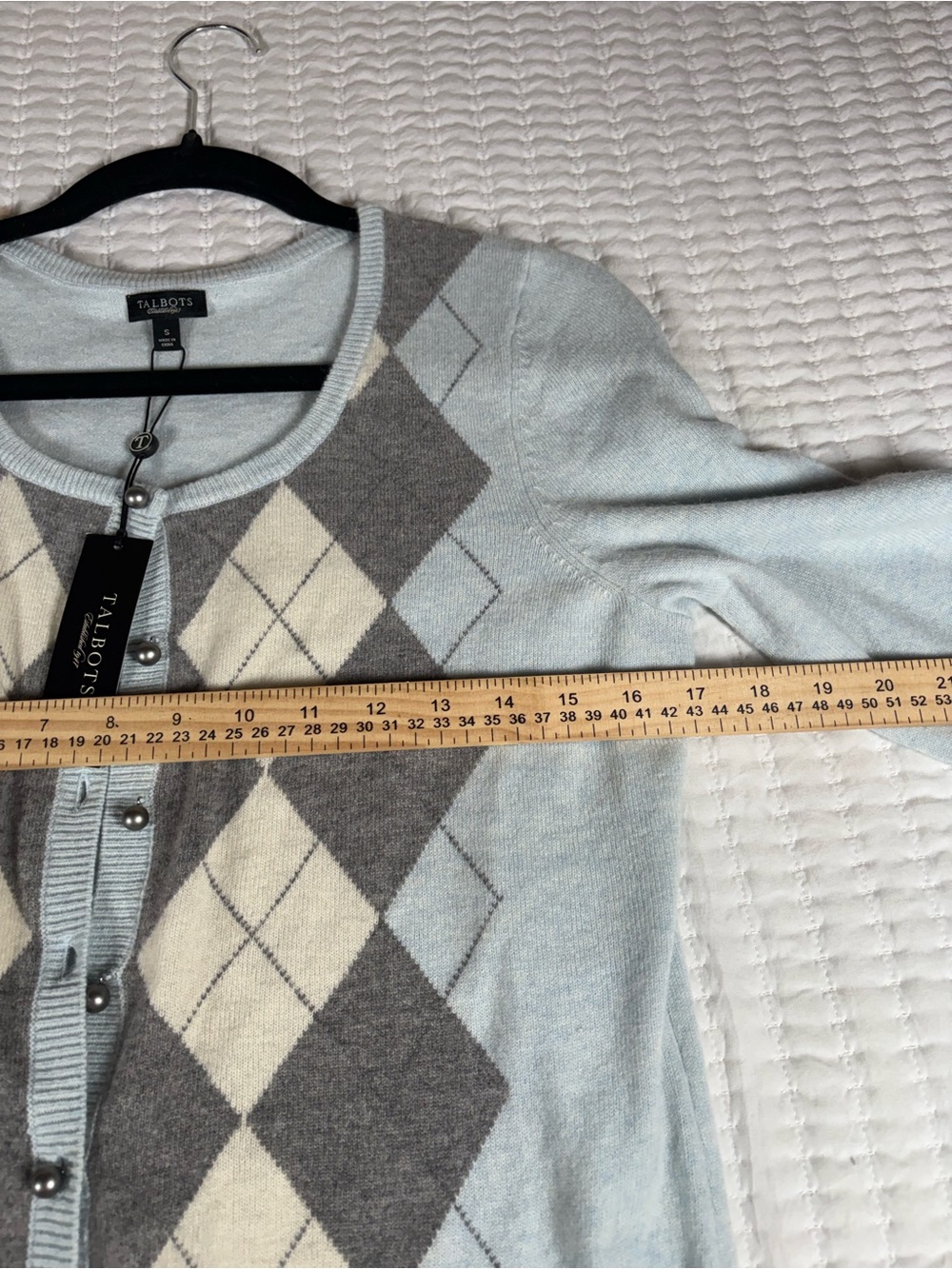Talbots Argyle Cardigan Sweater Small Blue Gray Lambswool Angora NWT Academia - Picture 4 of 7